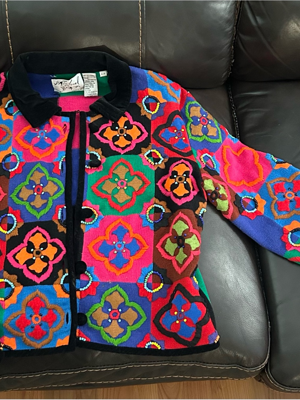 Colorful Floral cardigan with black felt buttons and beautiful beading